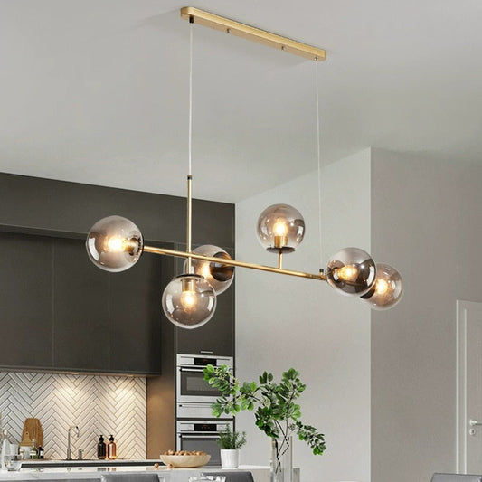Contemporary Scandinavian Linear Round Orb Iron Glass 6-Light Island Light Chandelier For Dining Room
