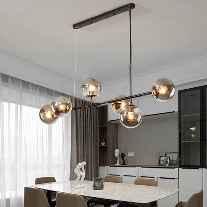 Contemporary Scandinavian Linear Round Orb Iron Glass 6-Light Island Light Chandelier For Dining Room