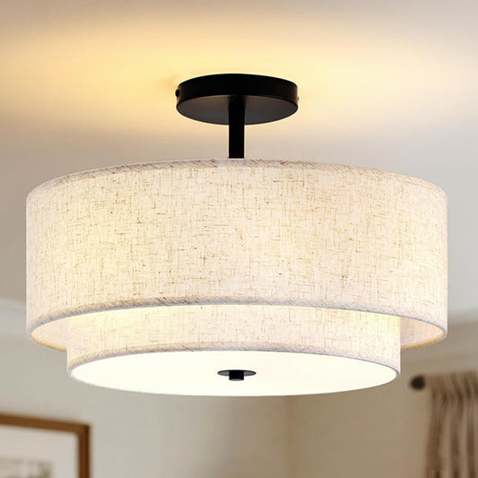 Modern Minimalist Iron Linen Round 1-Light Semi-Flush Mount Ceiling Light For Living Room & Bedroom