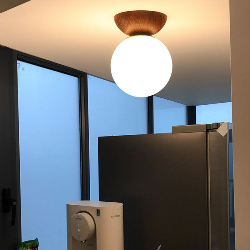 Traditional Japanese Iron Glass Round 1-Light Semi-Flush Mount Ceiling Light For Hallway