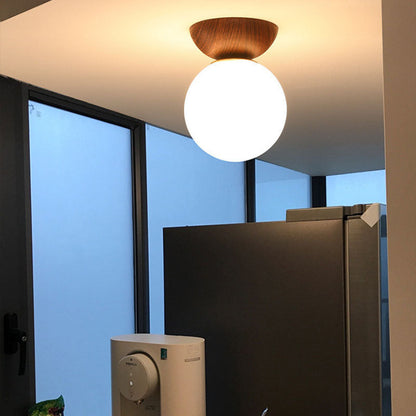 Traditional Japanese Iron Glass Round 1-Light Semi-Flush Mount Ceiling Light For Hallway
