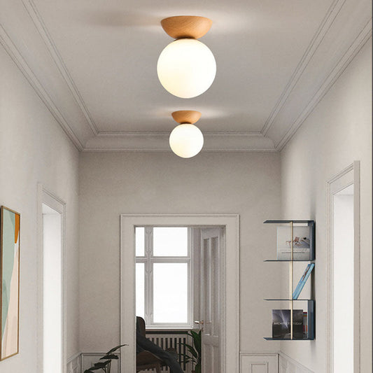 Traditional Japanese Iron Glass Round 1-Light Semi-Flush Mount Ceiling Light For Hallway