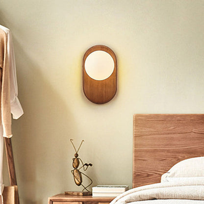 Traditional Japanese Wood Glass Round 1-Light Wall Sconce Lamp For Bedroom