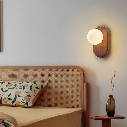 Traditional Japanese Wood Glass Round 1-Light Wall Sconce Lamp For Bedroom