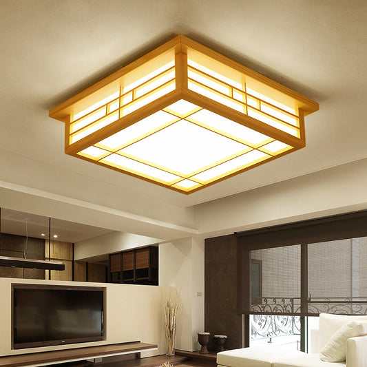 Traditional Japanese Square Lattice Parchment Pine Wood LED Flush Mount Ceiling Light For Living Room