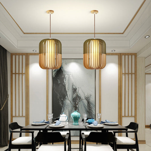 Contemporary Scandinavian Lantern Hollowed Out Round Cylinder Fabric Wood 1-Light Pendant Light For Living Room