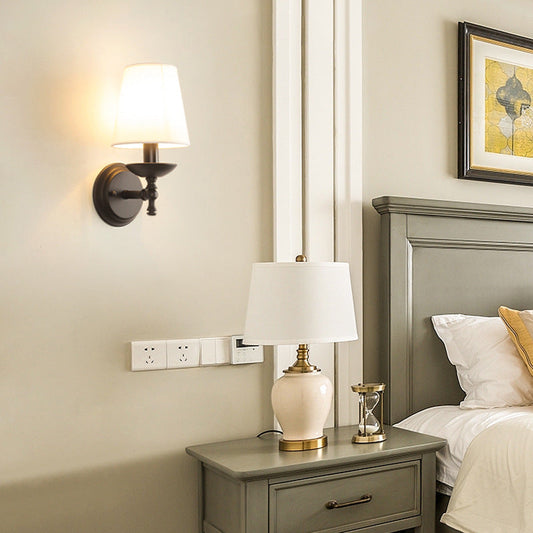 Traditional Rustic Round Cylinder Fabric Iron 1-Light Wall Sconce Lamp For Bedroom