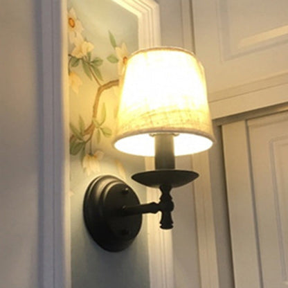 Traditional Rustic Round Cylinder Fabric Iron 1-Light Wall Sconce Lamp For Bedroom