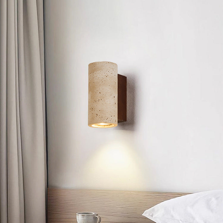 Traditional Japanese Square Cylinder Rectangle Yellow Travertine Solid Wood 1-Light Wall Sconce Lamp For Living Room