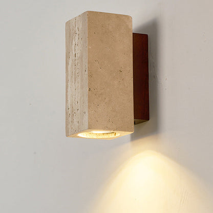 Traditional Japanese Square Cylinder Rectangle Yellow Travertine Solid Wood 1-Light Wall Sconce Lamp For Living Room