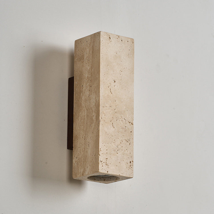Traditional Japanese Square Cylinder Rectangle Yellow Travertine Solid Wood 1-Light Wall Sconce Lamp For Living Room
