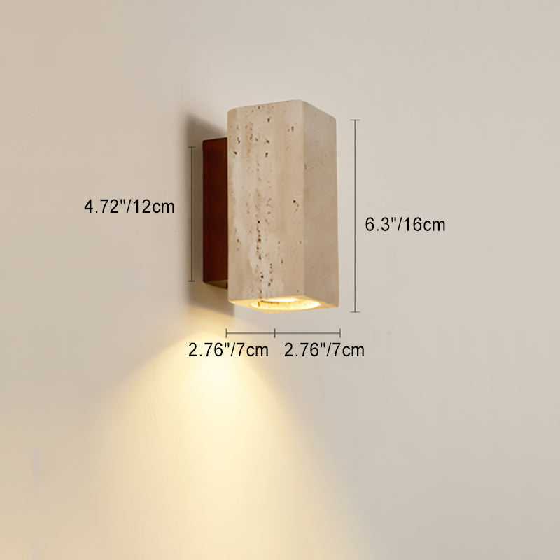 Traditional Japanese Square Cylinder Rectangle Yellow Travertine Solid Wood 1-Light Wall Sconce Lamp For Living Room