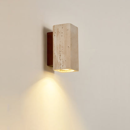 Traditional Japanese Square Cylinder Rectangle Yellow Travertine Solid Wood 1-Light Wall Sconce Lamp For Living Room