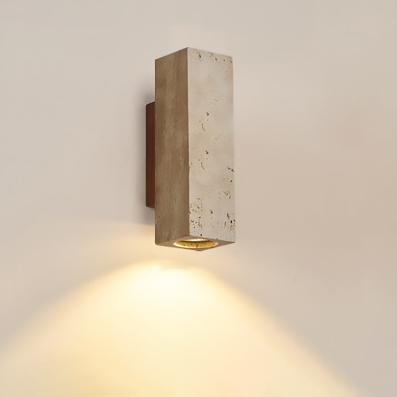 Traditional Japanese Square Cylinder Rectangle Yellow Travertine Solid Wood 1-Light Wall Sconce Lamp For Living Room