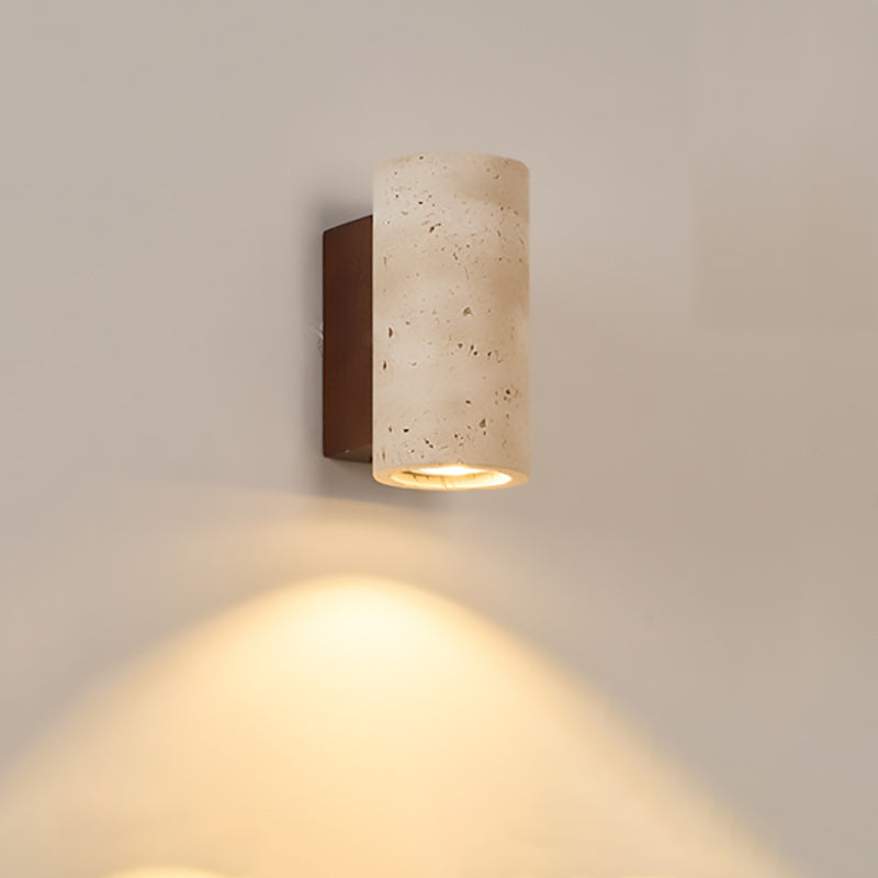 Traditional Japanese Square Cylinder Rectangle Yellow Travertine Solid Wood 1-Light Wall Sconce Lamp For Living Room