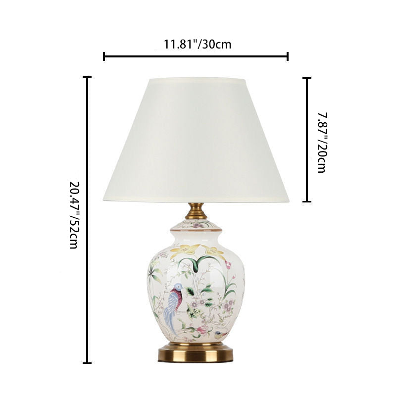Traditional Chinese Patterned Bird Scalloped Round Fabric Ceramic 1-Light Table Lamp For Living Room