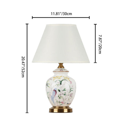 Traditional Chinese Patterned Bird Scalloped Round Fabric Ceramic 1-Light Table Lamp For Living Room