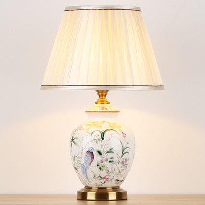 Traditional Chinese Patterned Bird Scalloped Round Fabric Ceramic 1-Light Table Lamp For Living Room