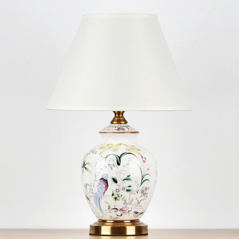 Traditional Chinese Patterned Bird Scalloped Round Fabric Ceramic 1-Light Table Lamp For Living Room