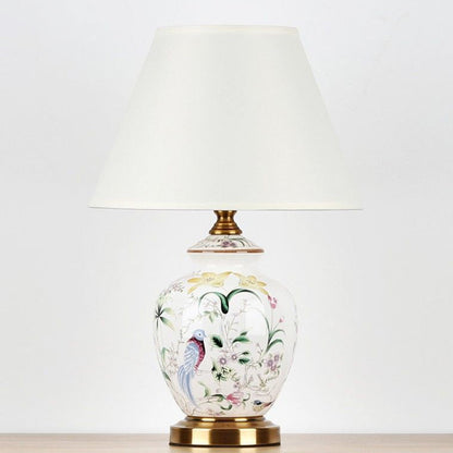 Traditional Chinese Patterned Bird Scalloped Round Fabric Ceramic 1-Light Table Lamp For Living Room