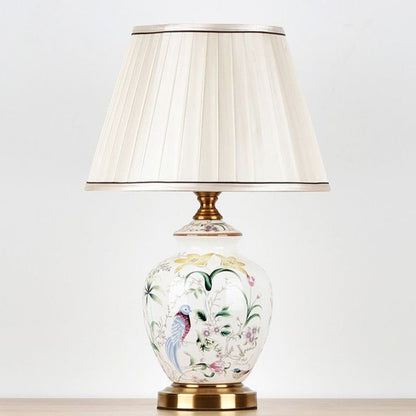 Traditional Chinese Patterned Bird Scalloped Round Fabric Ceramic 1-Light Table Lamp For Living Room