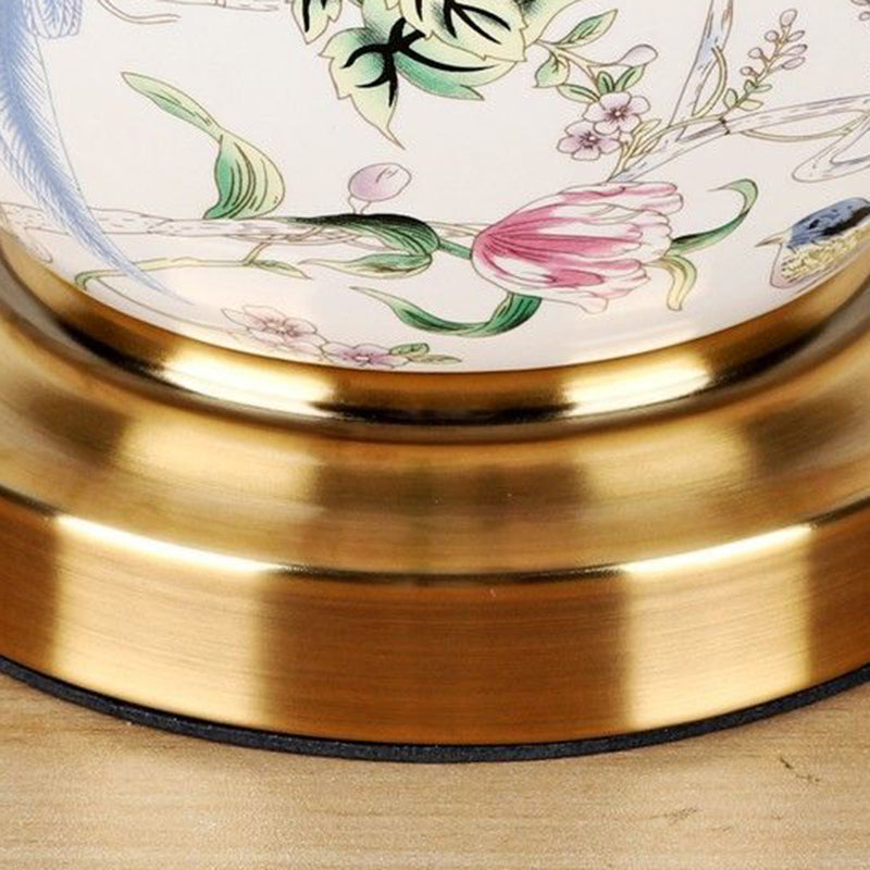 Traditional Chinese Patterned Bird Scalloped Round Fabric Ceramic 1-Light Table Lamp For Living Room