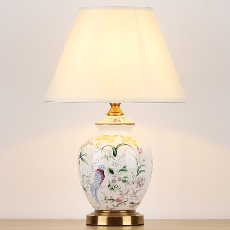 Traditional Chinese Patterned Bird Scalloped Round Fabric Ceramic 1-Light Table Lamp For Living Room
