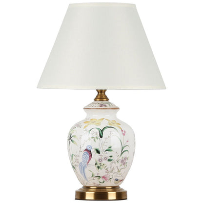 Traditional Chinese Patterned Bird Scalloped Round Fabric Ceramic 1-Light Table Lamp For Living Room