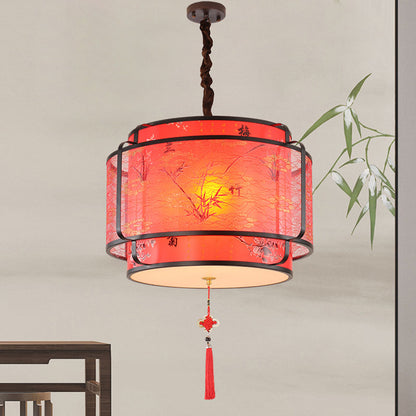 Traditional Chinese Round Spike Flower Faux Sheepskin Iron 1/3 Light Pendant Light For Living Room