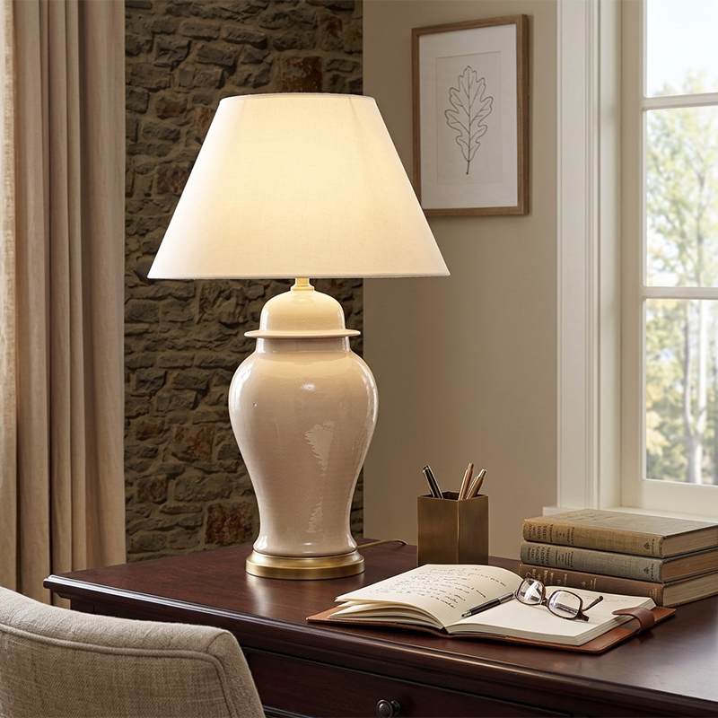 Traditional Rustic Ceramic Fabric Conic Vase 1-Light Table Lamp For Study