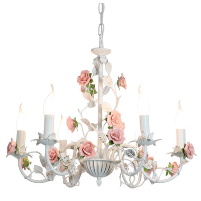 Traditional French Iron Ceramic Rose Branch Candlestick 3/6/8 Light Chandeliers For Living Room