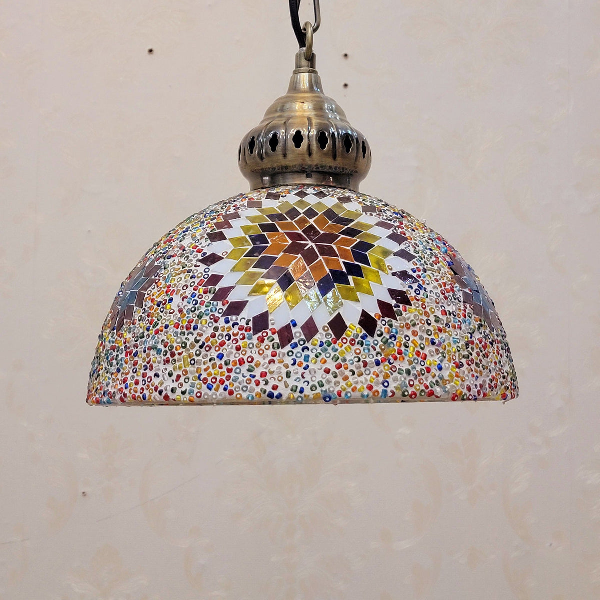 Contemporary Boho Glass Iron Dome Sun Mosaic Bead 1-Light Pendant Light For Dining Room