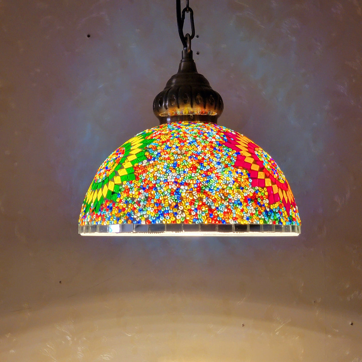 Contemporary Boho Glass Iron Dome Sun Mosaic Bead 1-Light Pendant Light For Dining Room
