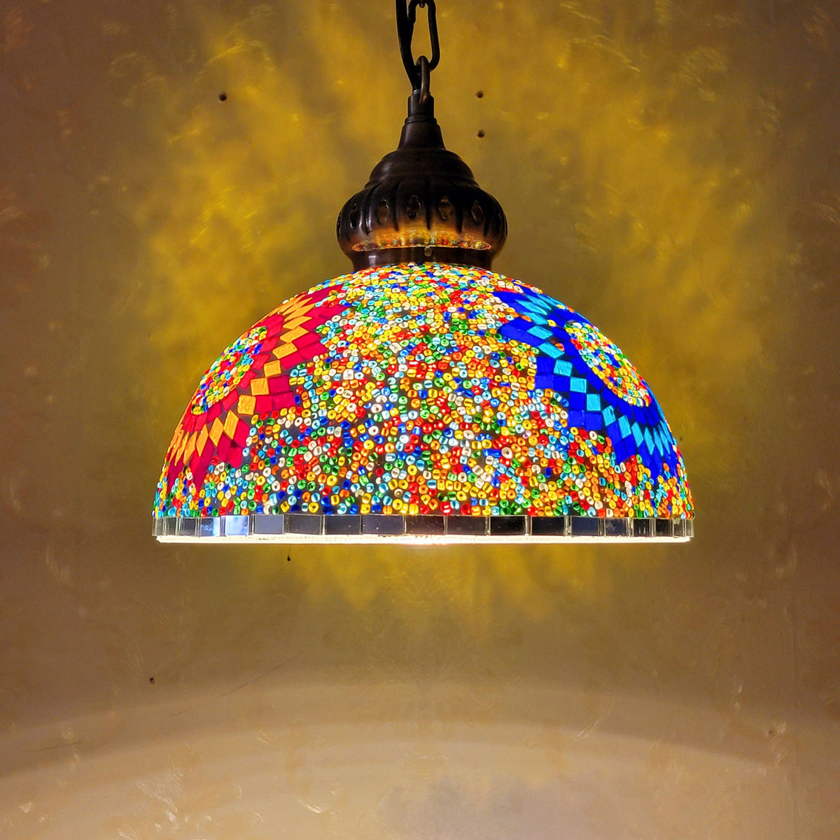 Contemporary Boho Glass Iron Dome Sun Mosaic Bead 1-Light Pendant Light For Dining Room