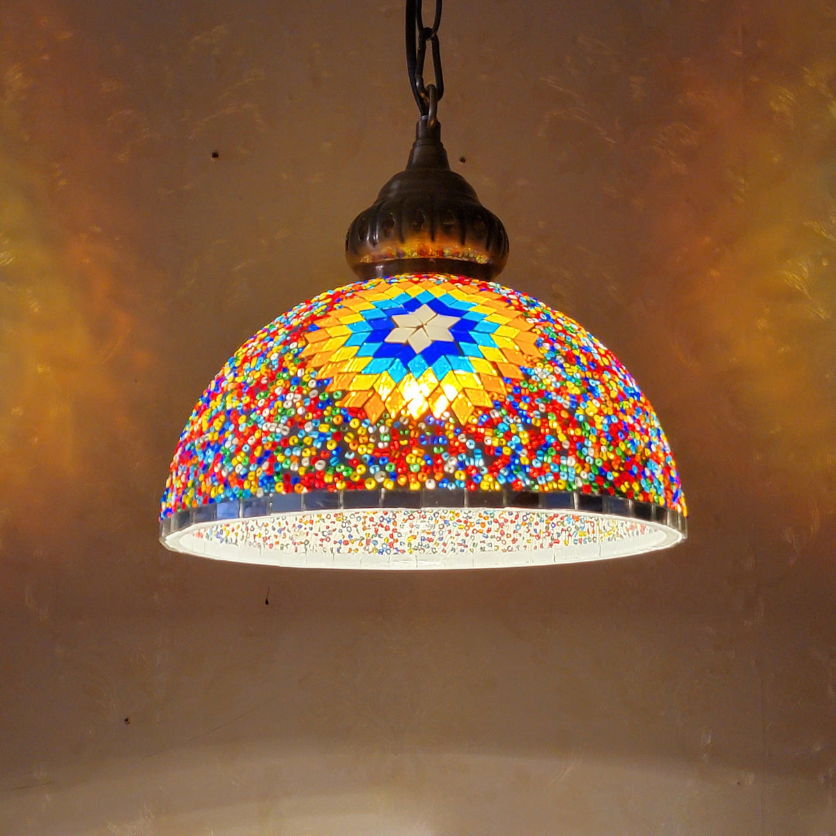 Contemporary Boho Glass Iron Dome Sun Mosaic Bead 1-Light Pendant Light For Dining Room
