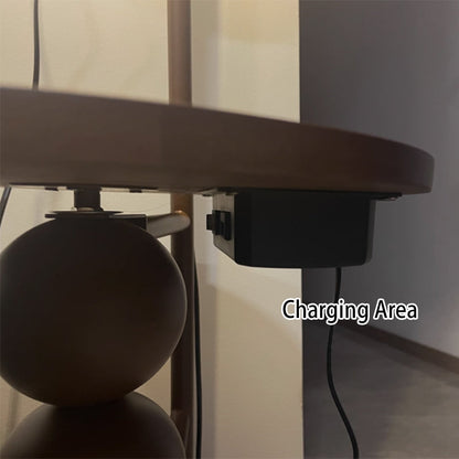 Contemporary Retro Wood Iron Fabric Dome Round Shelf 1-Light Standing Floor Lamp For Living Room
