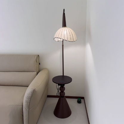 Contemporary Retro Wood Iron Fabric Dome Round Shelf 1-Light Standing Floor Lamp For Living Room