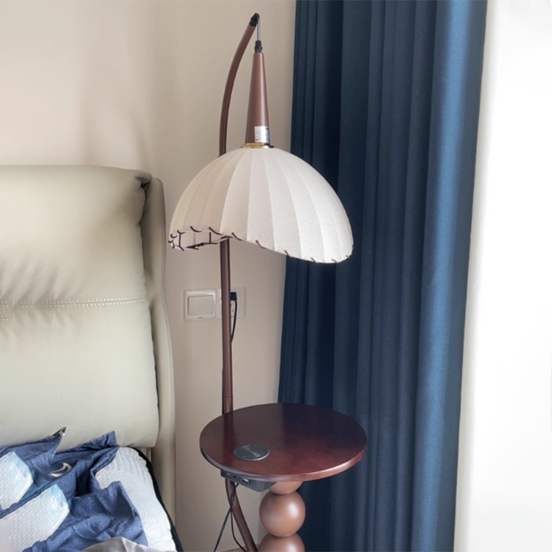 Contemporary Retro Wood Iron Fabric Dome Round Shelf 1-Light Standing Floor Lamp For Living Room