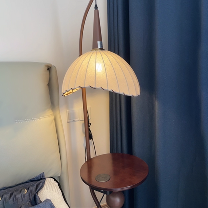 Contemporary Retro Wood Iron Fabric Dome Round Shelf 1-Light Standing Floor Lamp For Living Room