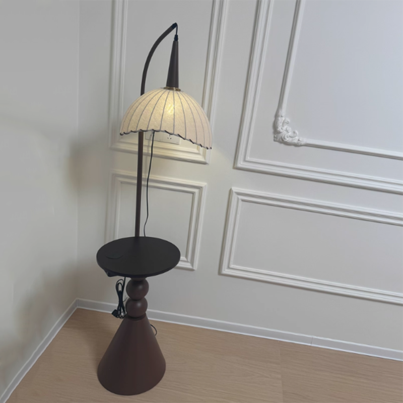 Contemporary Retro Wood Iron Fabric Dome Round Shelf 1-Light Standing Floor Lamp For Living Room