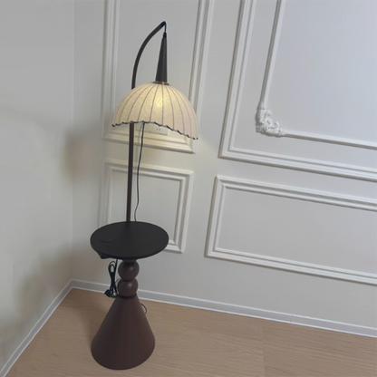 Contemporary Retro Wood Iron Fabric Dome Round Shelf 1-Light Standing Floor Lamp For Living Room
