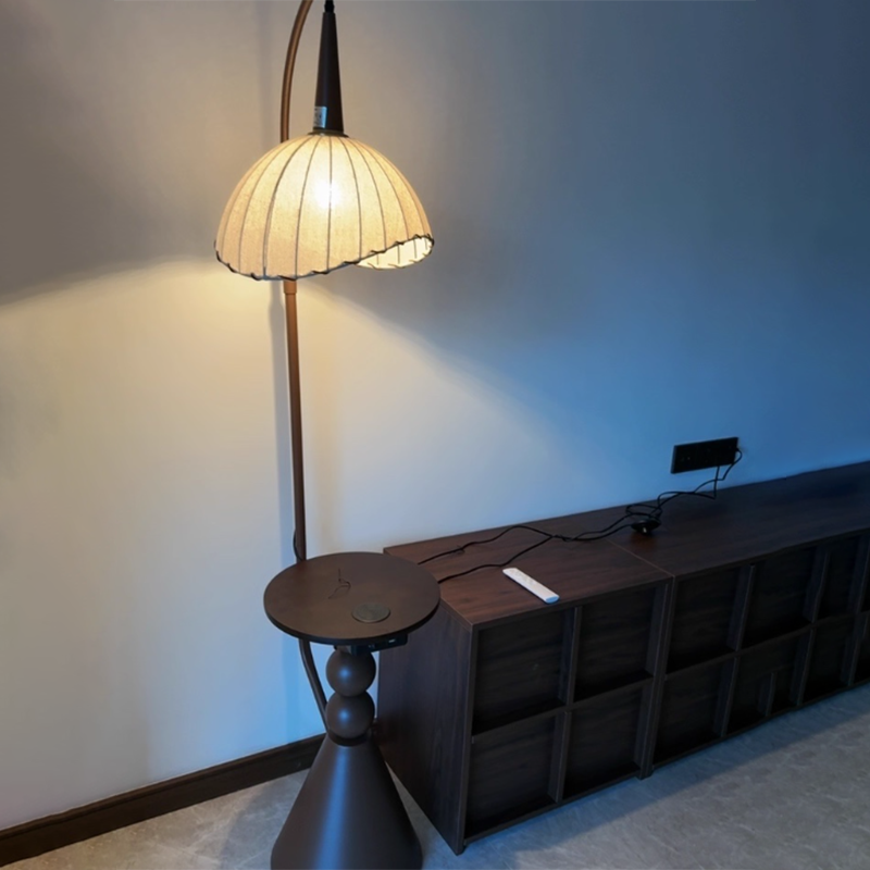 Contemporary Retro Wood Iron Fabric Dome Round Shelf 1-Light Standing Floor Lamp For Living Room