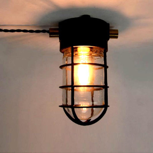 Contemporary Industrial Waterproof Aluminum Alloy Glass Cylinder Cage 1-Light Semi-Flush Mount Ceiling Light For Outdoor Patio