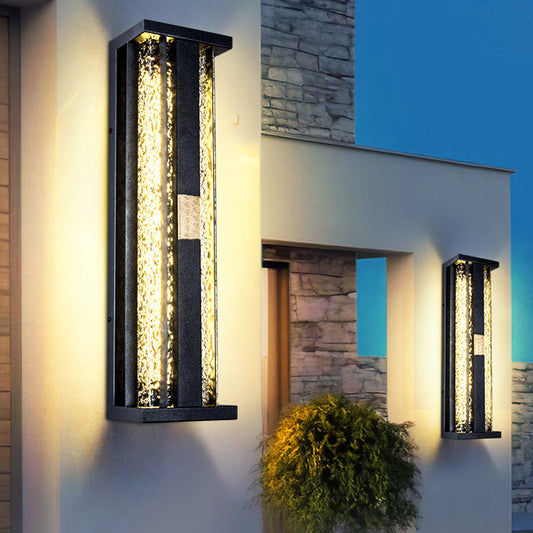 Traditional Luxury Solar Waterproof Stainless Steel Acrylic Copper Rectangular Ripple Motion Sensor LED Wall Sconce Lamp For Outdoor Patio