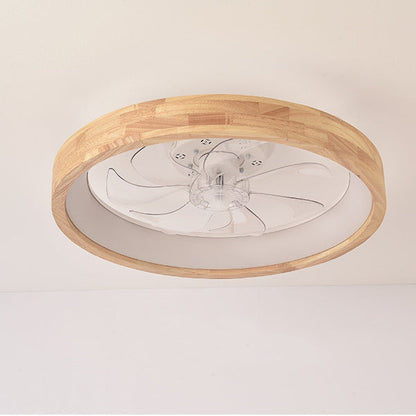 Traditional Japanese Solid Wood Iron Acrylic ABS Round Hollowed LED Flush Mount Ceiling Fan Light For Bedroom