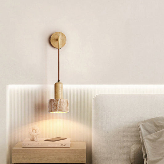 Traditional Japanese Travertine Wood Cylinder Conic Bowl Pull Switch 1-Light Wall Sconce Lamp For Bedside