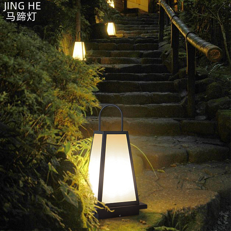 Traditional Japanese Solar Waterproof Stainless Steel Acrylic Trapezoidal Honeycombed Lantern LED Outdoor Light Landscape Lighting For Garden