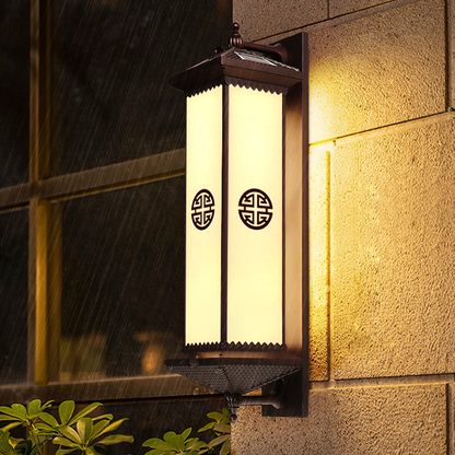 Traditional Chinese Solar Waterproof ABS Aluminum Glass Rectangular Happiness Wealth Pattern LED Wall Sconce Lamp For Outdoor Patio