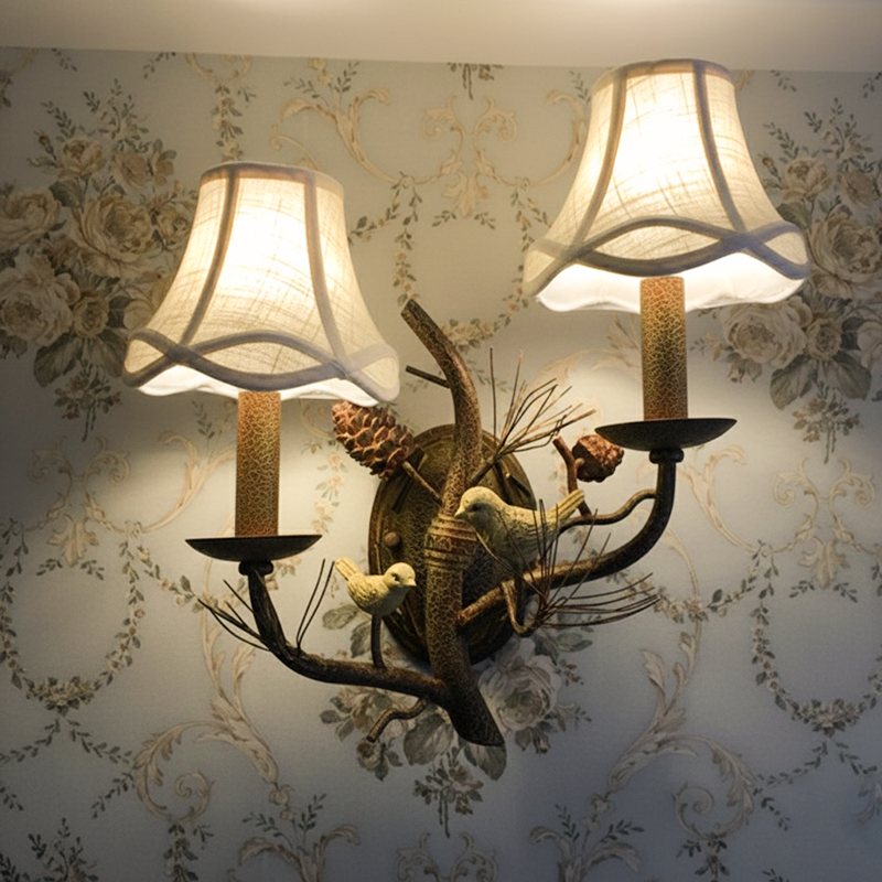 Vintage Fabric Bird Pinecone Resin 1/2 Light Wall Sconce Lamp