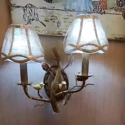 Vintage Fabric Bird Pinecone Resin 1/2 Light Wall Sconce Lamp